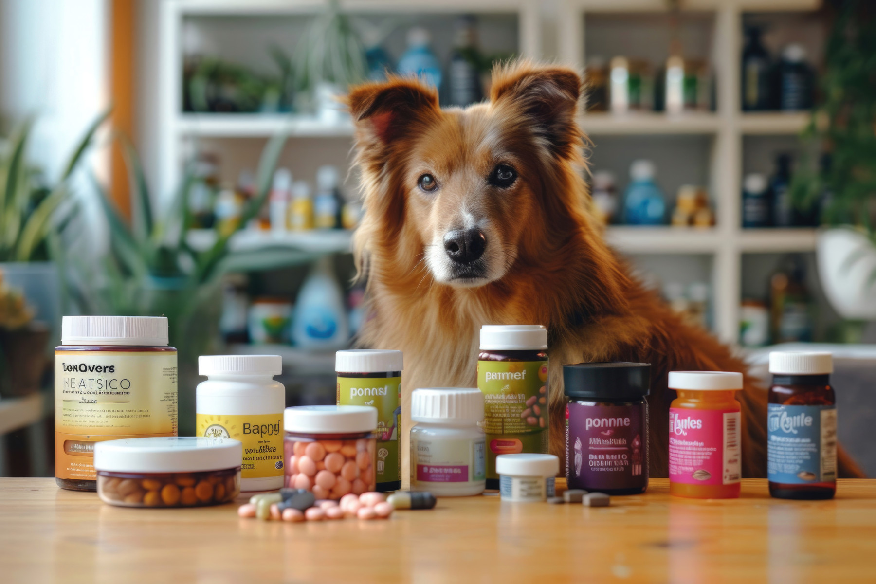 Dog with various health supplements for pets beside it